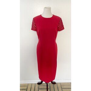Escada Red Holiday Sheath Dress Beaded Sleeves